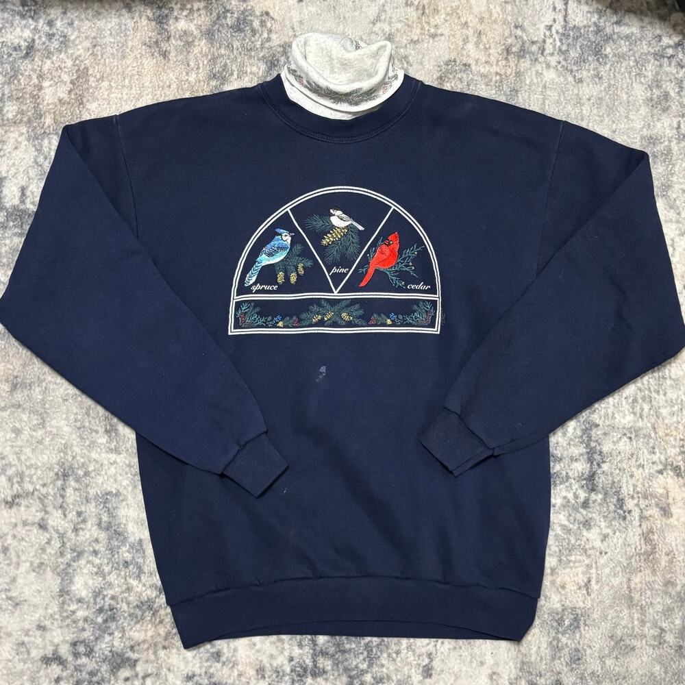 Vintage Women’s Large Artisans Bird Embroidered Sweatshirt Navy